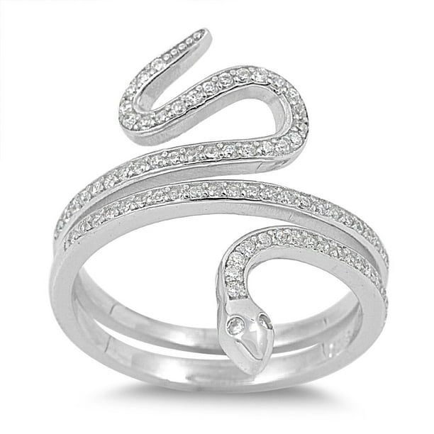 .925 Sterling Silver Fashion Snake Ring with Clear & Black CZ Size 5 6 7 8 9 10